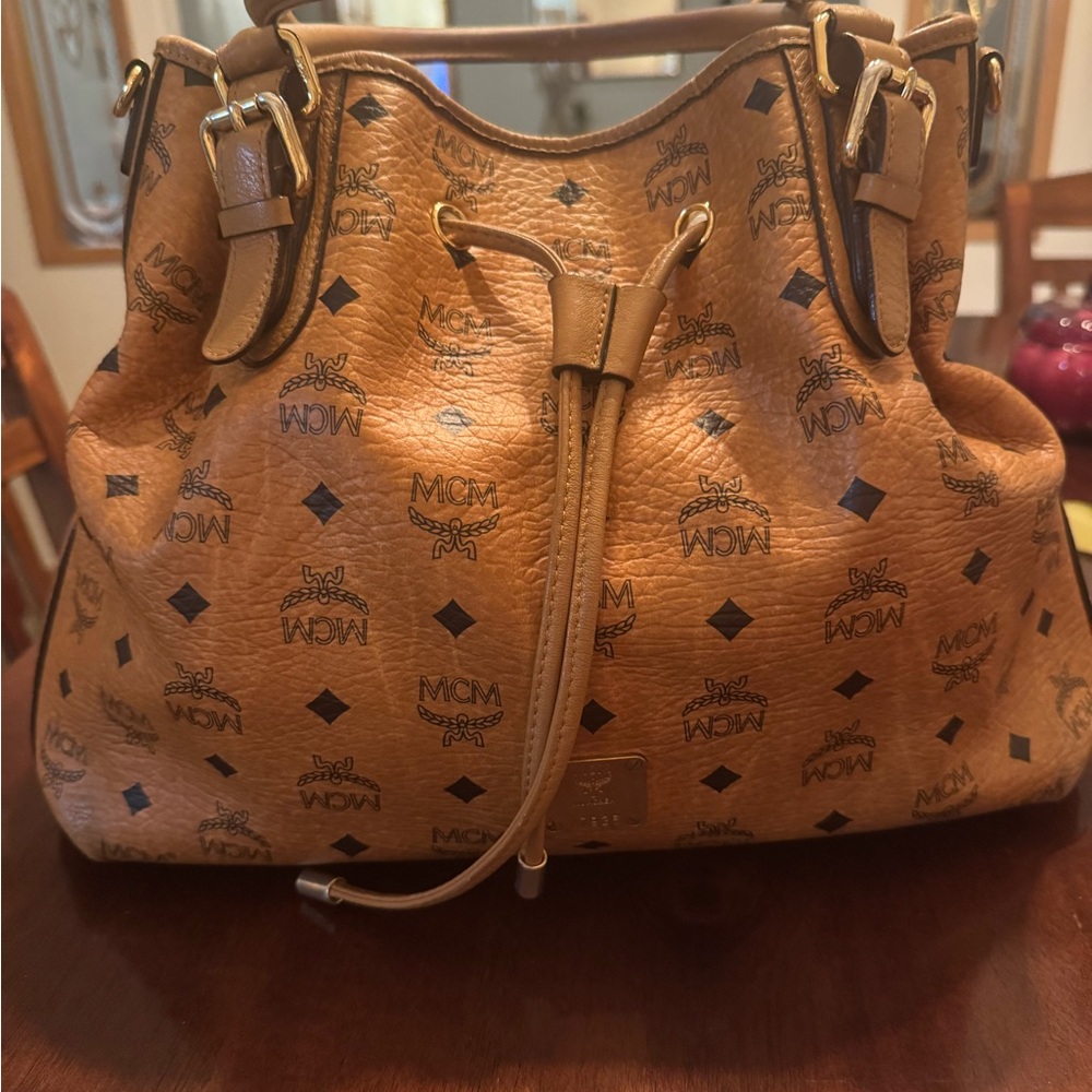 MCM Tan Leather Logo Shoulder Bag